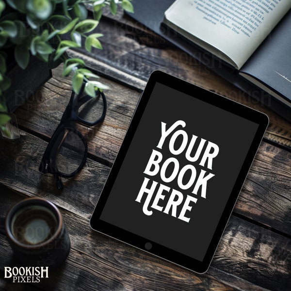 Adult Fantasy eBook Mockup | Rustic Wood Desk ebook cover | blank ipad | digital book cover | Bookstagram Flatlay I Canva Tablet Mock up