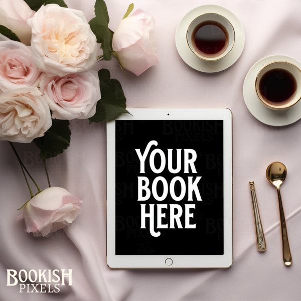 Romantic Roses eBook Cover Mockup | blank ipad digital book cover | Bookstagram Flatlay Mockups I Romance Novel Book Mockup Canva Template