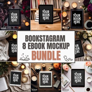 Puede incluir: Un conjunto de 8 maquetas de libros electr&oacute;nicos que presentan diferentes dispositivos de tableta en varios entornos, incluidos velas, libros y flores. El texto "Bookstagram 8 Ebook Mockup Bundle" se muestra en el centro de la imagen.