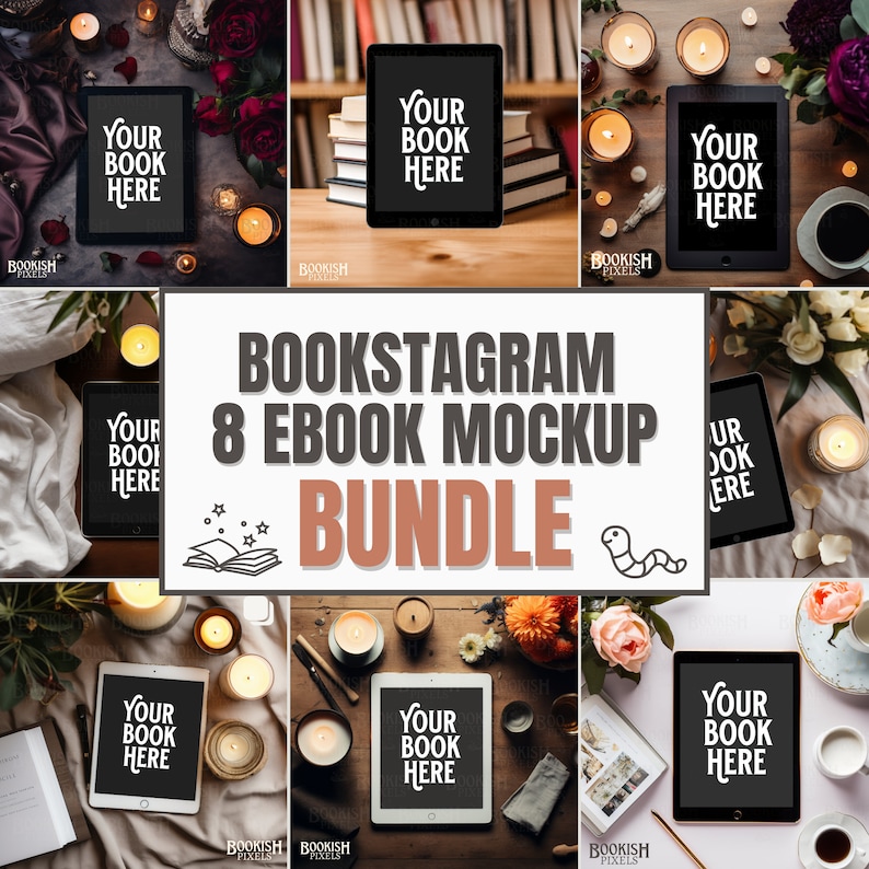 Puede incluir: Un conjunto de 8 maquetas de libros electr&oacute;nicos que presentan diferentes dispositivos de tableta en varios entornos, incluidos velas, libros y flores. El texto "Bookstagram 8 Ebook Mockup Bundle" se muestra en el centro de la imagen.