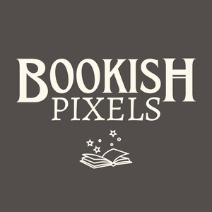 May include: White text on a dark gray background reads "BOOKISH PIXELS" with a stylized open book and stars above it.