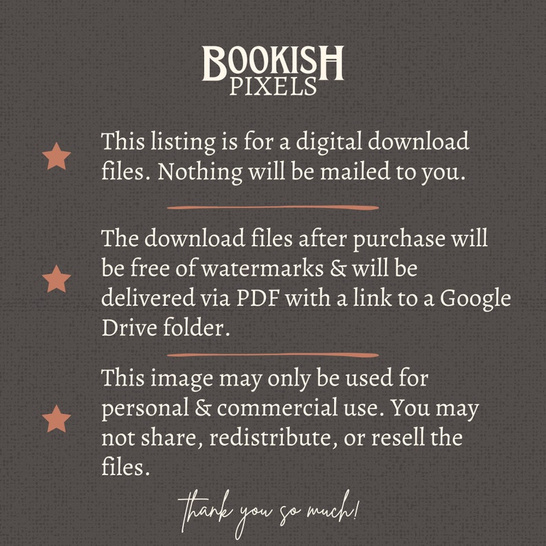 Puede incluir: Una lista de descarga digital para una imagen imprimible. El texto indica que los archivos de descarga est&aacute;n libres de marcas de agua y se entregar&aacute;n a trav&eacute;s de PDF con un enlace a una carpeta de Google Drive. La imagen se puede utilizar para uso personal y comercial, pero no se puede compartir, redistribuir o revender. El texto tambi&eacute;n dice "&iexcl;Muchas gracias!"