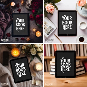 Puede incluir: Cuatro maquetas de una tableta negra con una pantalla blanca que muestra el texto "YOUR BOOK HERE". Las maquetas se colocan sobre diferentes fondos, incluyendo un fondo oscuro con velas y flores, un fondo blanco con flores y un libro, un fondo blanco con un libro y una vela, y un fondo de madera con libros.