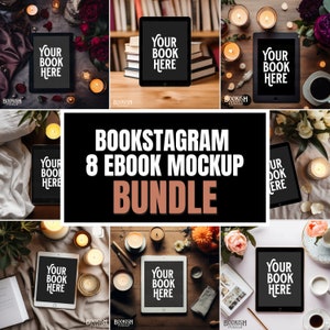 Puede incluir: Un conjunto de ocho plantillas de maqueta de ebook para bookstagram que presentan varias escenas con velas, flores y libros. El texto "YOUR BOOK HERE" se muestra en cada maqueta.