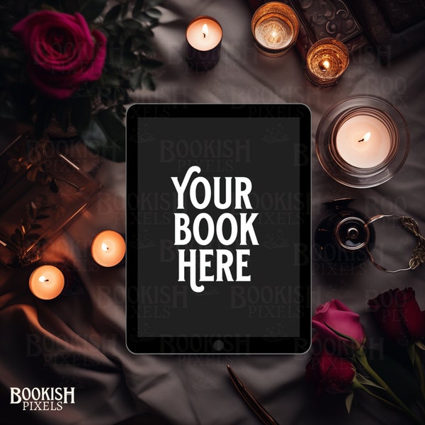 Dark Romance eBook Mockup | ebook cover | blank digital ipad book cover | Bookstagram template I Book Device Mockup Canva |Red Roses Candles