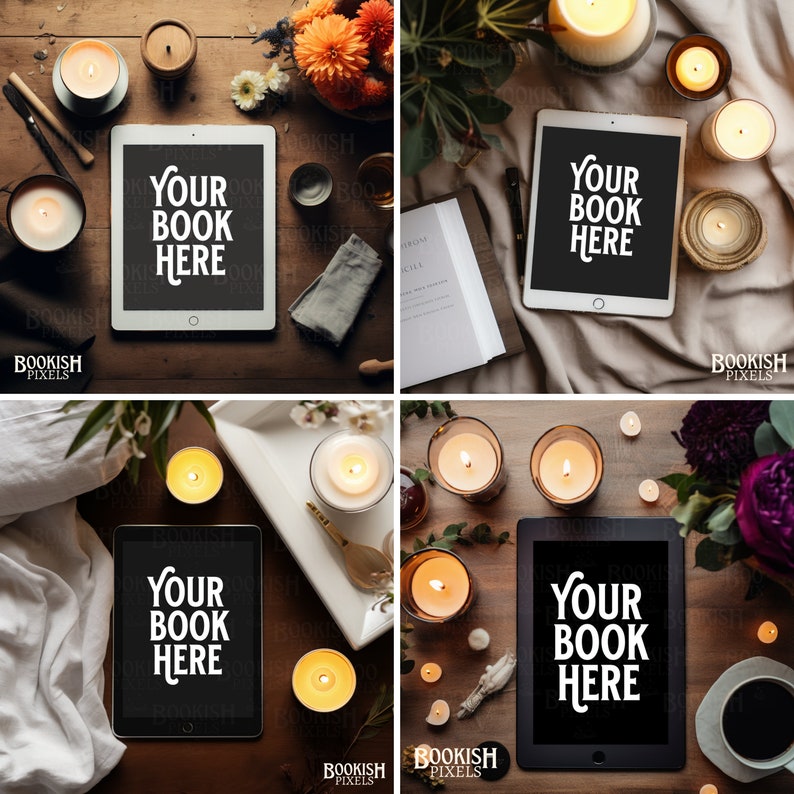 Puede incluir: Cuatro im&aacute;genes planas diferentes de una tableta con el texto "Your Book Here" en la pantalla. Cada imagen presenta un fondo diferente con velas, flores y otros elementos decorativos.