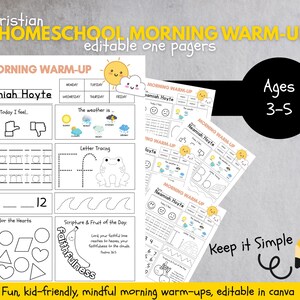 Könnte beinhalten: Arbeitsblätter zum Aufwärmen am Morgen für den Homeschooling-Unterricht im Alter von 3-5 Jahren. Die Seiten enthalten Aktivitäten wie das Nachzeichnen von Buchstaben, das Erkennen des Wetters und das Ausmalen von Formen.