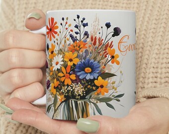 Personalized flower mug, floral coffee mug, botanical tea mug, wildflowers coffee mug, bouquet of flowers, custom mug 11oz