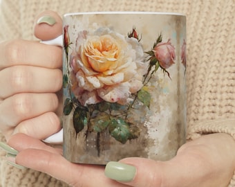 Vintage style rose mug, flower mug, floral coffee mug, botanical tea mug, rose coffee mug, vintage style rose flower, cermic mug 11oz