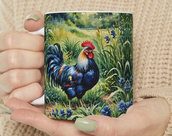 Blue Rooster coffee mug, rooster in the meadow, domestic bird mug, watercolor coffee mug, ceramic coffee mug 11oz
