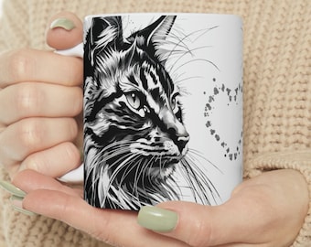 Maine Coon cat coffee mug, ink-art portrait of a cat, cat lover coffee mug, ceramic mug 11oz, animal portrait, gift for cat lovers