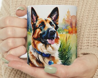 German Shepherd, German Shepherd watercolor portrait coffee mug, ceramic mug 11oz, pet portrait, mug for dog lovers, gift for pet lovers