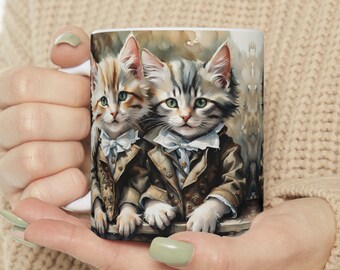 Watercolor kittens coffee mug, Victorian style kittens, gift for cat lovers, feline portrait, kittens portrait, ceramic mug 11oz