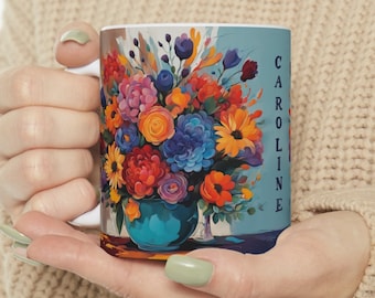 Personalized flower mug, floral coffee mug, botanical tea mug, flowers coffee mug, bouquet of flowers, custom mug 11oz