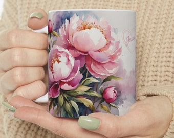 Personalized flower mug, floral coffee mug, botanical tea mug, peonies coffee mug, watercolor peony flowers, custom mug 11oz