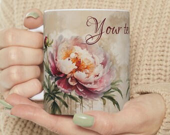 Personalized flower mug, floral coffee mug, botanical tea mug, peonies coffee mug, vintage style peony flowers, custom mug 11oz