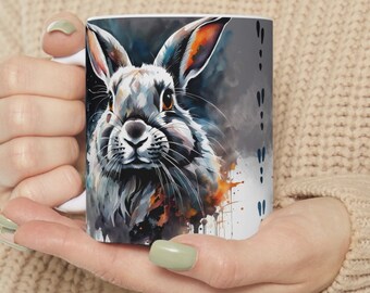 Rabbit coffe mug, watercolor coffee mug, pet portrait mug, ceramic mug 11oz