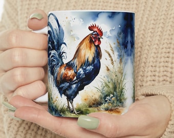 Blue Rooster coffee mug, domestic bird mug, watercolor coffee mug, ceramic coffee mug 11oz