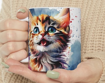 Watercolor kitten coffee mug, gift for cat lovers, feline portrait, happy kitten portrait, ceramic mug 11oz