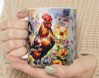 Hen & Rooster coffee mug, domestic birds mug, watercolor coffee mug, ceramic coffe mug 11oz