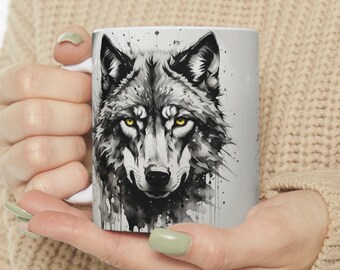 Wolf coffee mug, ink-art portrait of a wolf, wild animal coffee mug, ceramic mug 11oz, animal portrait, wildlife, gift for wild-life lovers