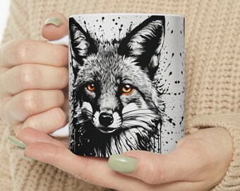 Fox coffee mug, ink-art portrait of a fox, wild animal coffee mug, ceramic mug 11oz, animal portrait, wildlife, gift for wild-life lovers