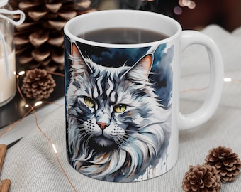 Portrait of Maine Coon mug, pet portrait, ceramic coffee mug 11oz, gift for cat lovers, Cat Lover mug