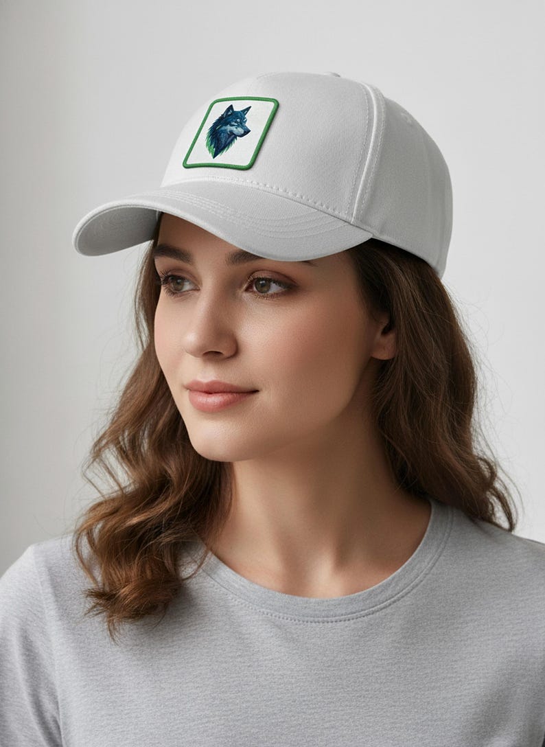 Puede incluir: Gorra de b&eacute;isbol gris claro con un parche que muestra una ilustraci&oacute;n de un lobo en tonos azules y verdes, enmarcada por un borde verde. La gorra tiene una visera curva y una corona estructurada.