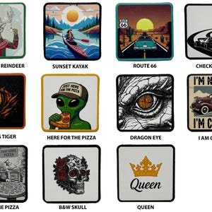 Puede incluir: Colecci&oacute;n de parches cuadrados con varios dise&ntilde;os. Incluye un reno navide&ntilde;o, una escena de kayak al atardecer, una imagen de la Ruta 66, una bandera a cuadros, un tigre rugiente, un extraterrestre comiendo pizza y un ojo de drag&oacute;n.