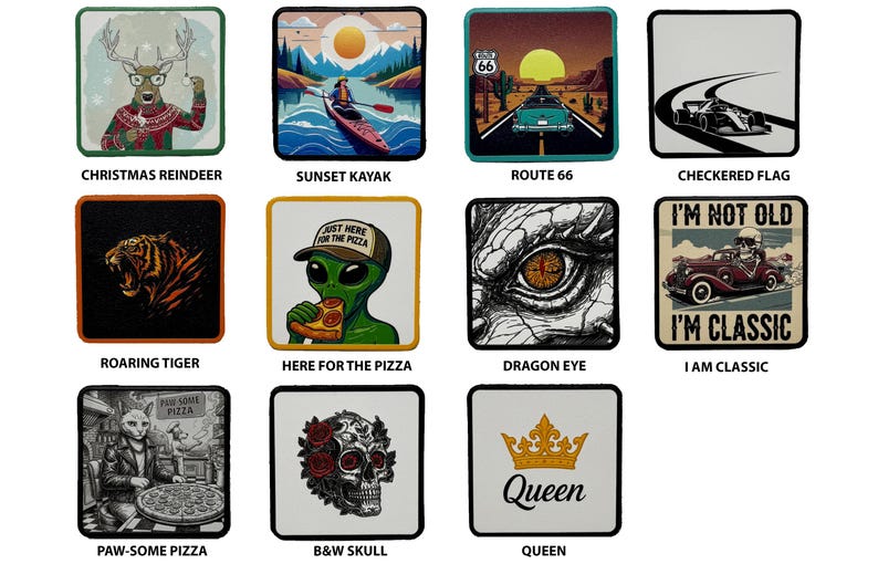 Puede incluir: Colecci&oacute;n de parches cuadrados con varios dise&ntilde;os. Incluye un reno navide&ntilde;o, una escena de kayak al atardecer, una imagen de la Ruta 66, una bandera a cuadros, un tigre rugiente, un extraterrestre comiendo pizza y un ojo de drag&oacute;n.
