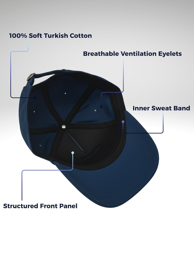 Puede incluir: Gorra de b&eacute;isbol azul marino con un panel frontal estructurado, ojales de ventilaci&oacute;n transpirables y una banda interior para el sudor. La gorra est&aacute; hecha de 100% algod&oacute;n turco suave.