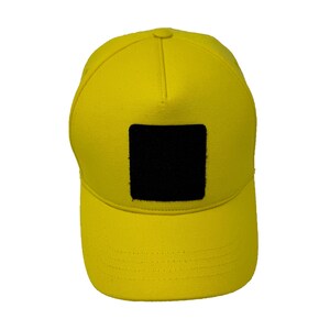 Yellow cotton 5 panel cap with Velcro patch area for removable designs, breathable and lightweight.