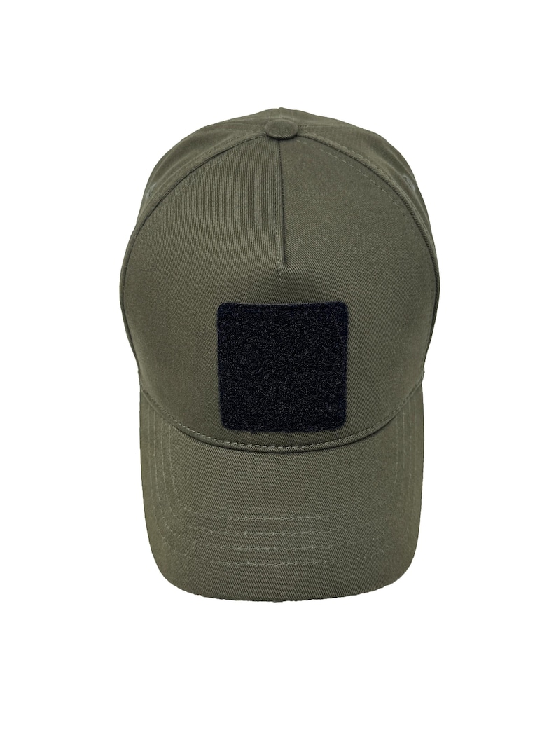 Khaki green 5 panel cotton hat with front hook and loop patch panel, adjustable fit and breathable comfort.