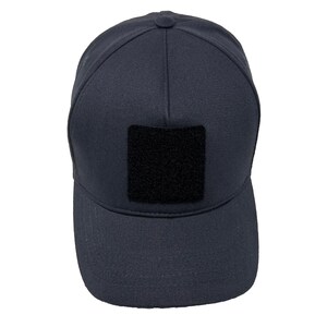 Gray 5 panel cotton cap with front Velcro patch panel, breathable and soft fabric.
