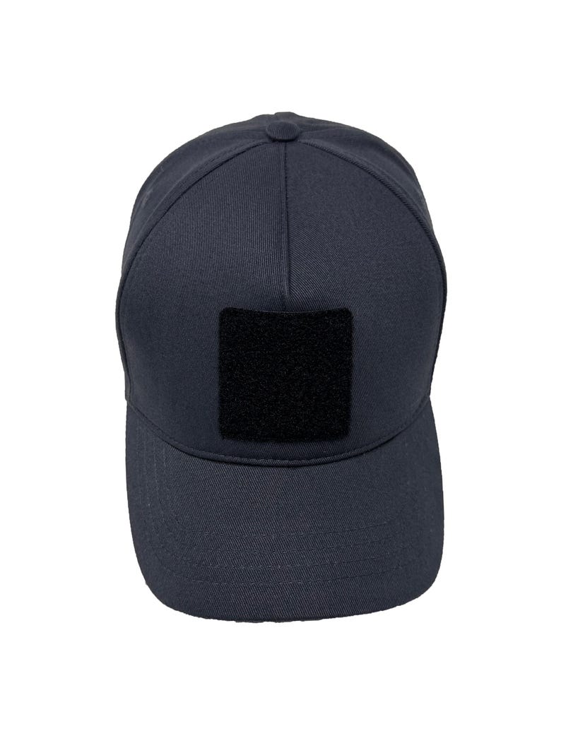 Gray 5 panel cotton cap with front Velcro patch panel, breathable and soft fabric.
