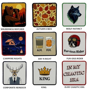 Puede incluir: Colecci&oacute;n de parches cuadrados con varios dise&ntilde;os. Incluye un &aacute;guila, un oso, hojas de oto&ntilde;o, un lobo, un caballo, un pez, una caravana, caf&eacute; y cerveza, un perro, un gato, modo de entrenamiento, un ciervo, una corona y un pato.