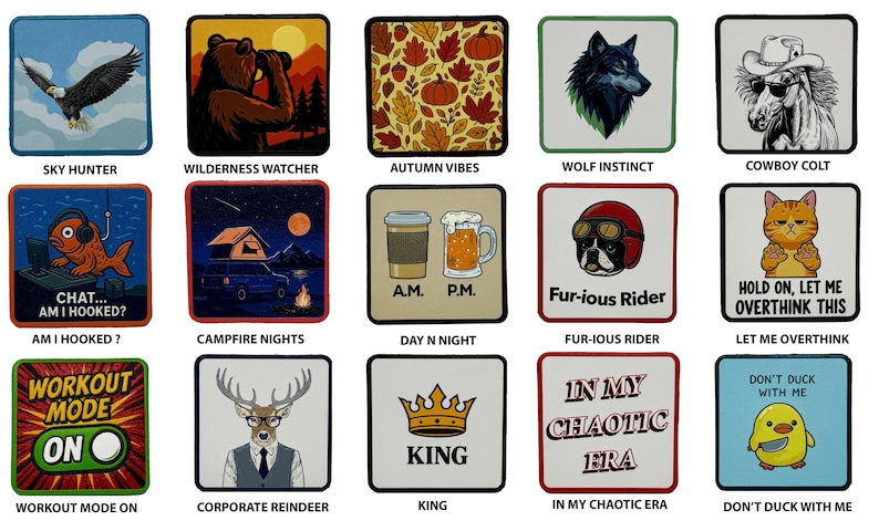 Puede incluir: Colecci&oacute;n de parches cuadrados con varios dise&ntilde;os. Incluye un &aacute;guila, un oso, hojas de oto&ntilde;o, un lobo, un caballo, un pez, una caravana, caf&eacute; y cerveza, un perro, un gato, modo de entrenamiento, un ciervo, una corona y un pato.