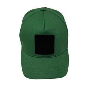 Green cotton 5 panel hat with removable patch panel, adjustable strap and comfortable fit.