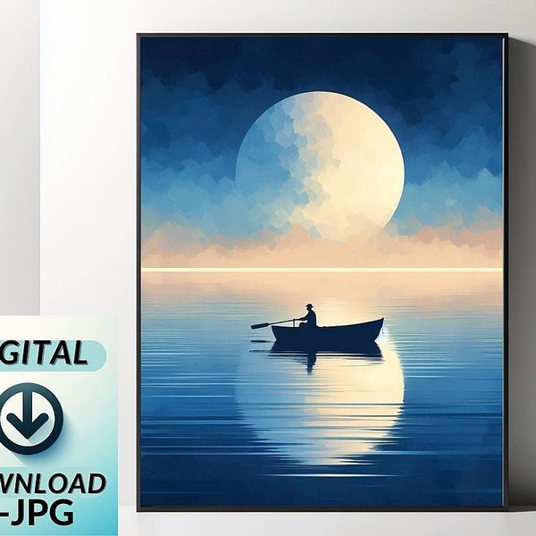 Tranquil Twilight- A Modern Minimalist Artwork Capturing Serenity by the Lakeside-Printable Wall Art Digital Download