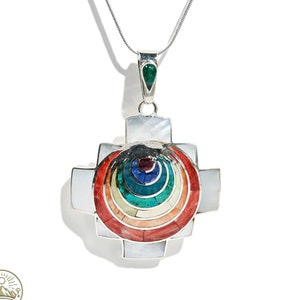 Chakana Pendant, Chakana Necklace, handmade necklace in 950 Silver with Multicolor Natural Stones, necklace with stones