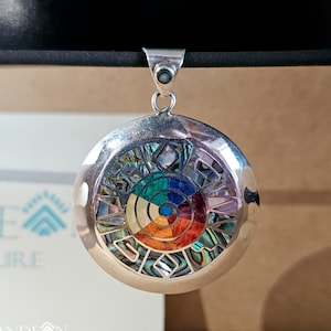 Pachamama necklace, Pachamama pendant, Inca calendar silver pendant, handmade in 950 Peruvian Silver, Abalone, colorful, beveled, free chain