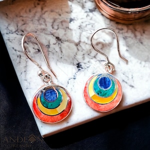 Pachamama Earrings, Pendant Earrings, Peruvian Jewelry inlaid with semi-precious stones, Handmade 950 Silver, Artisanal Peruvian Jewelry.