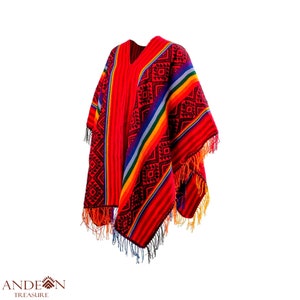 Traditional Peruvian wool blend poncho, red/black/rainbow, handmade wool poncho. Handmade by indigenous hands.Free shipping! Ideal for gifts