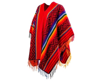Poncho tradicional peruano, rojo/negro/arcoíris, poncho para niños y adultos unisex. Hecho a mano. ¡Envío gratis! Ideal para regalos