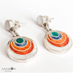 950 silver earrings, colorful earrings, pachamama, natural stone inlays, handmade
