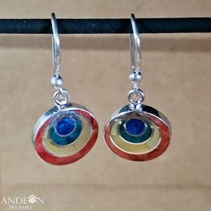 Pachamama Earrings, Pendant Earrings, gift earrings, Peruvian Jewelry inlaid with semi-precious stones, Handmade 950 Silver.