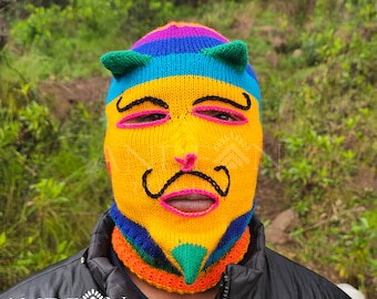 Knitted wool face mask, Waq'ollo, Rainbow Stripe, wool face mask, unisex wool balaclava, balaclava hats, ski balaclava