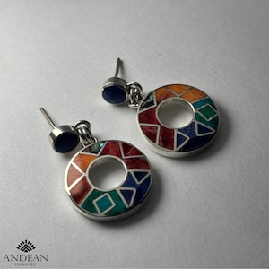 Inca geometry earrings in 950 silver inlaid with semiprecious stones, Peruvian Jewelry with Inlays, Peruvian Handmade Jewelry, Gift.