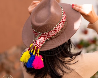 Fedora Hat, Cream fedora hat for women, Peruvian Hat, Inka-q'ero Woven Band Hat, White fedora hat for women, Mixed Felt and Alpaca Hat