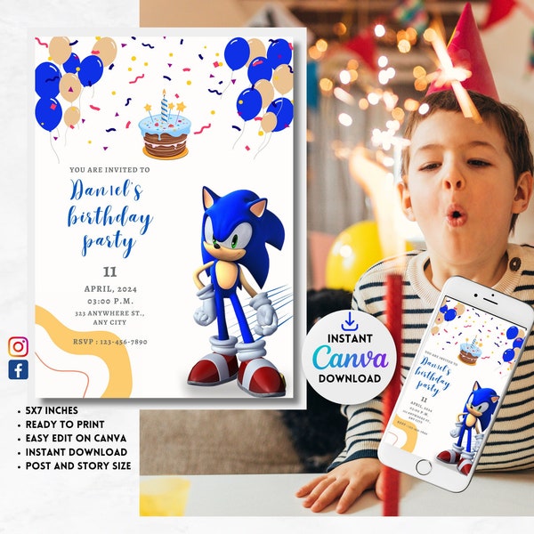 Sonic Birthday Invitation,Super Sonic Invitation,Sonic The Hedgehog,Digital Party Invite,Editable Digital Invitation, Kids Birthday